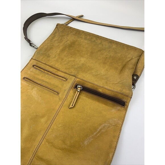 Hobo Foldover Flat Crossbody Yellow Leather Purse Zip Long Medium Lightweight - Picture 6 of 13